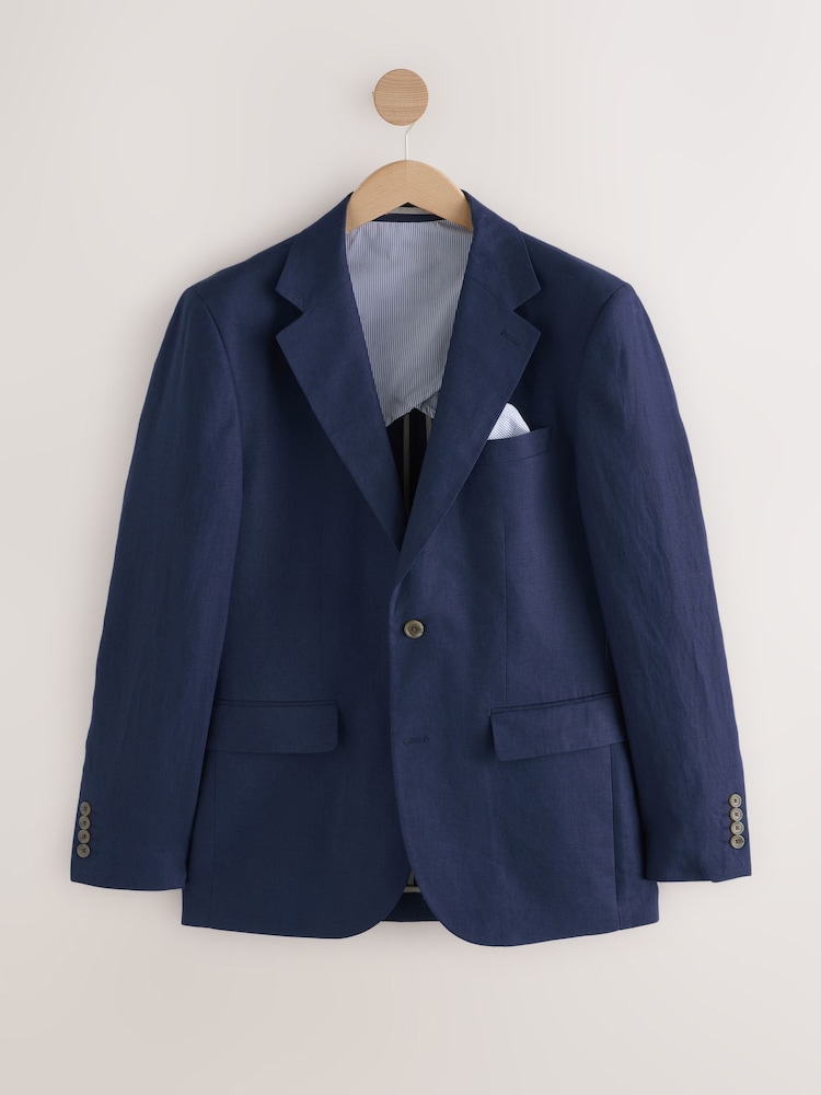Blue Slim Fit Linen Suit Jacket - Image 5 of 9
