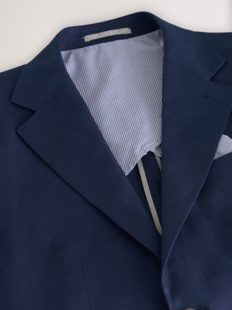 Blue Slim Fit Linen Suit Jacket - Image 7 of 9