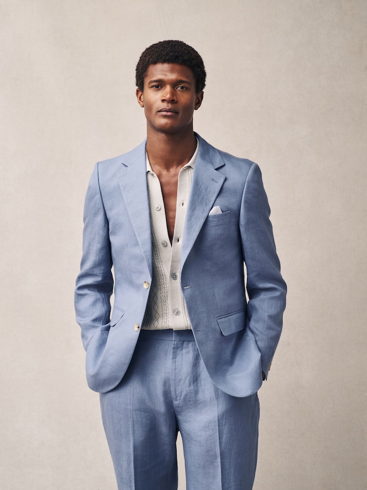 Light Blue Slim Fit Linen Suit Jacket - Image 1 of 8