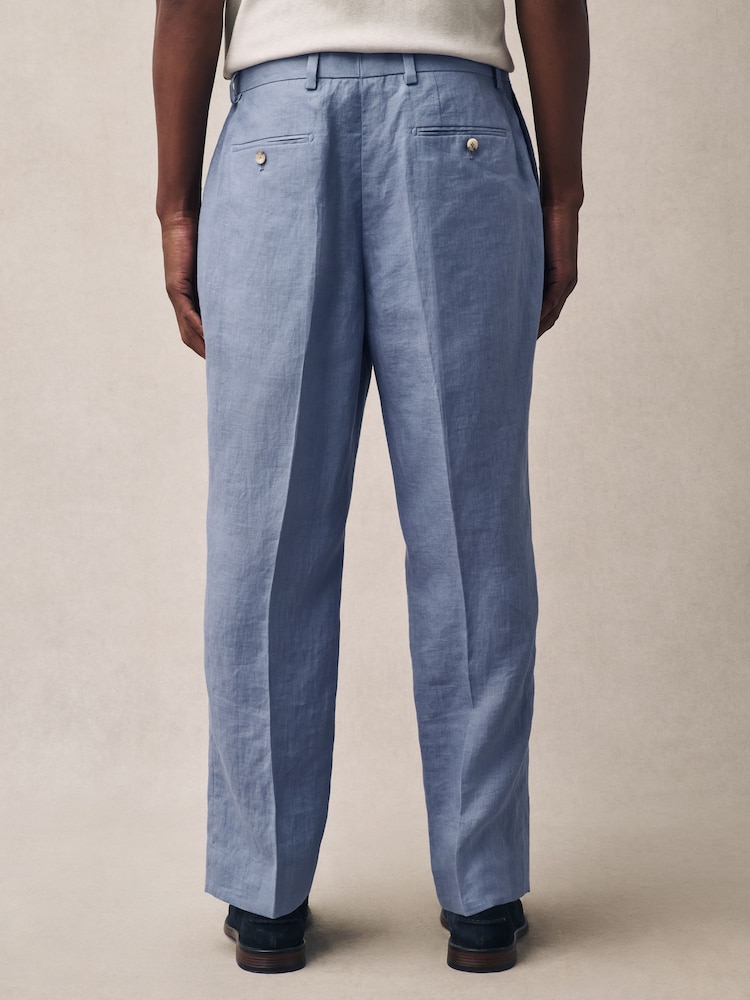Light Blue Slim Fit 100% Linen Suit Trousers - Image 3 of 7