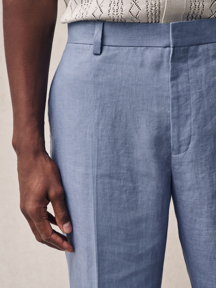 Light Blue Slim Fit 100% Linen Suit Trousers - Image 4 of 7