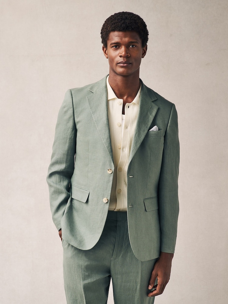 Green Slim Fit Linen Suit Jacket - Image 1 of 9