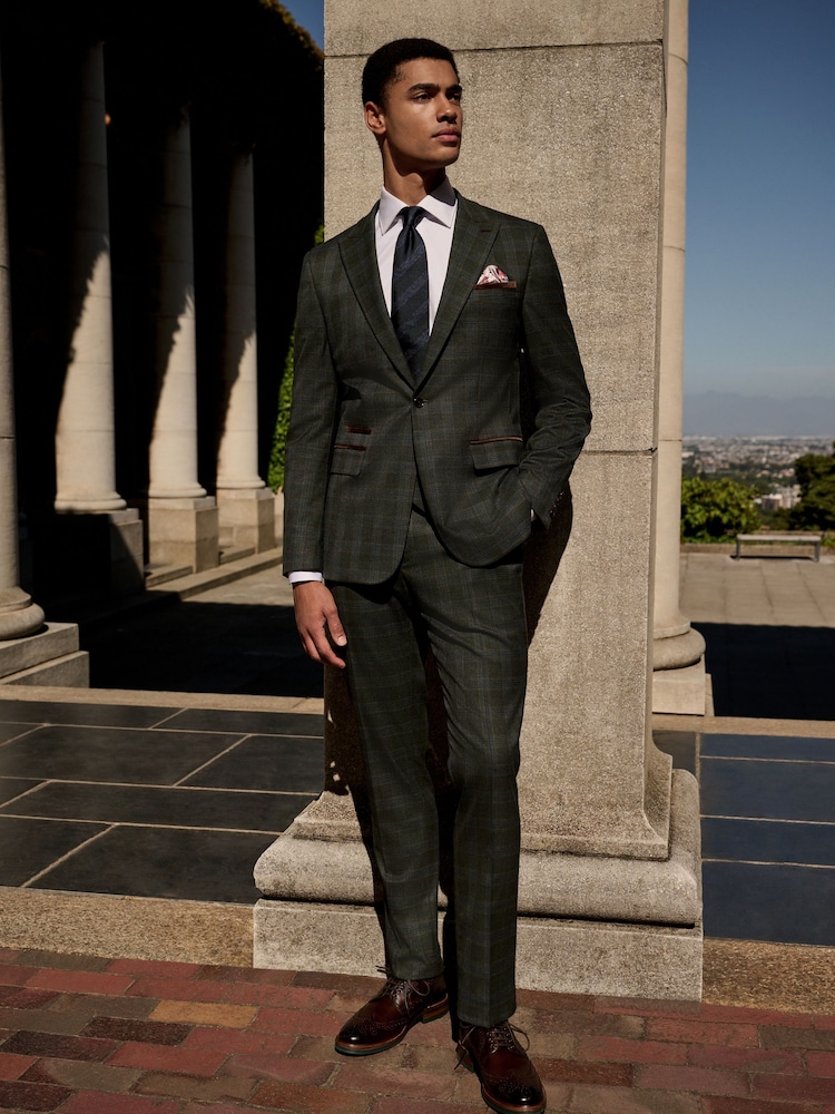 Green Slim Fit Trimmed Check Suit Jacket - Image 2 of 11
