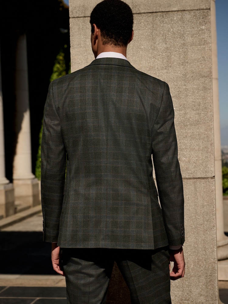 Green Slim Fit Trimmed Check Suit Jacket - Image 3 of 11