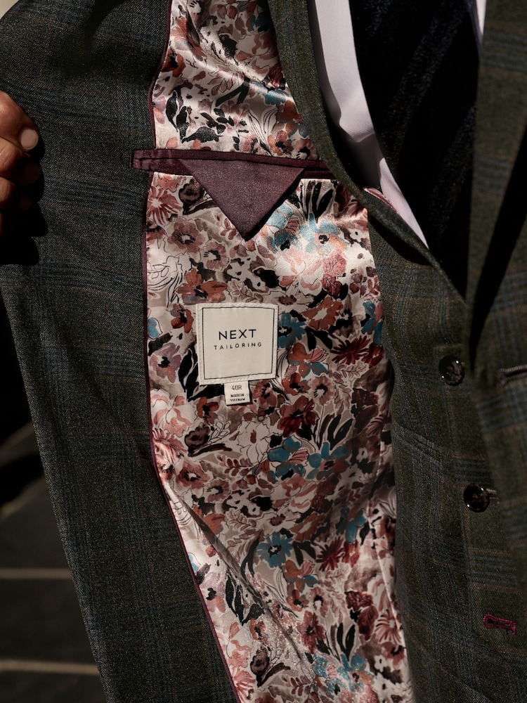 Green Slim Fit Trimmed Check Suit Jacket - Image 6 of 11
