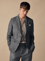 Blue Slim Fit Linen Blend Suit Jacket - Image 1 of 12