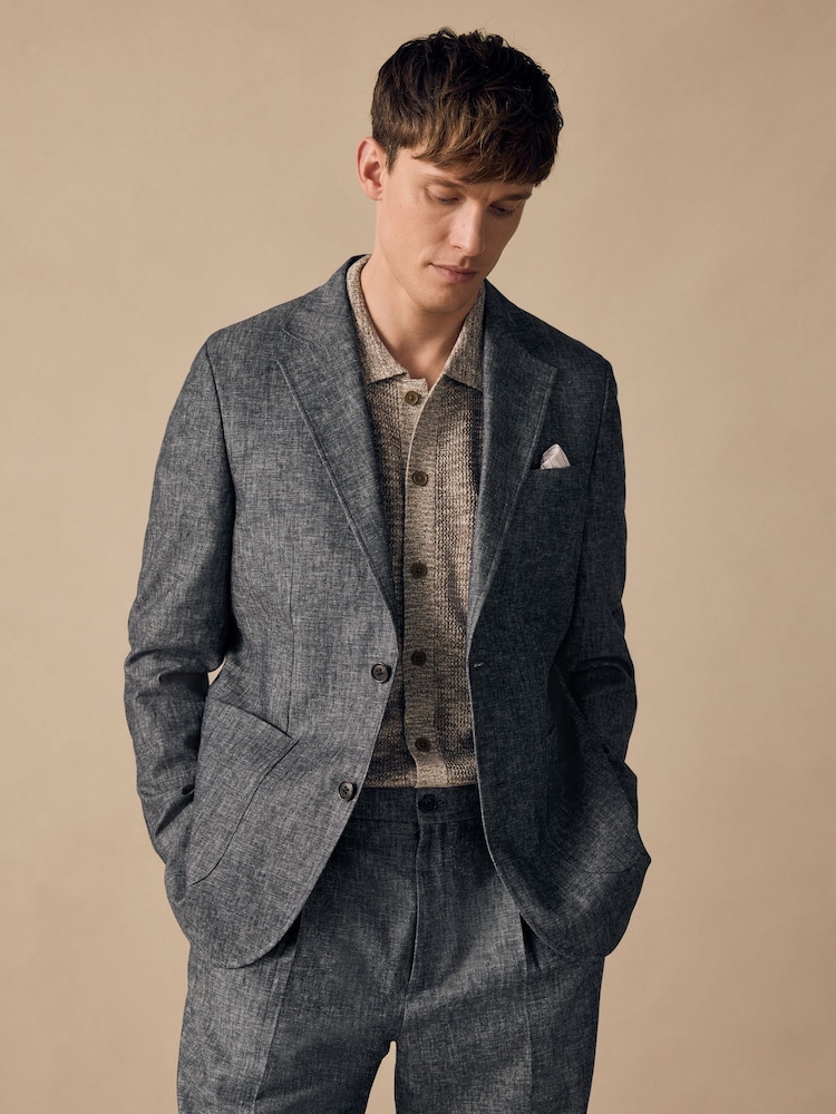 Blue Slim Fit Linen Blend Suit Jacket - Image 1 of 12