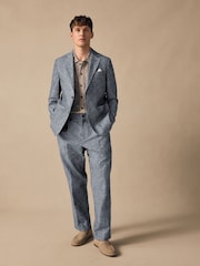 Blue Slim Fit Linen Blend Suit Trousers - Image 4 of 11