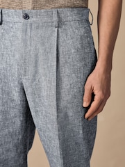 Blue Slim Fit Linen Blend Suit Trousers - Image 5 of 11