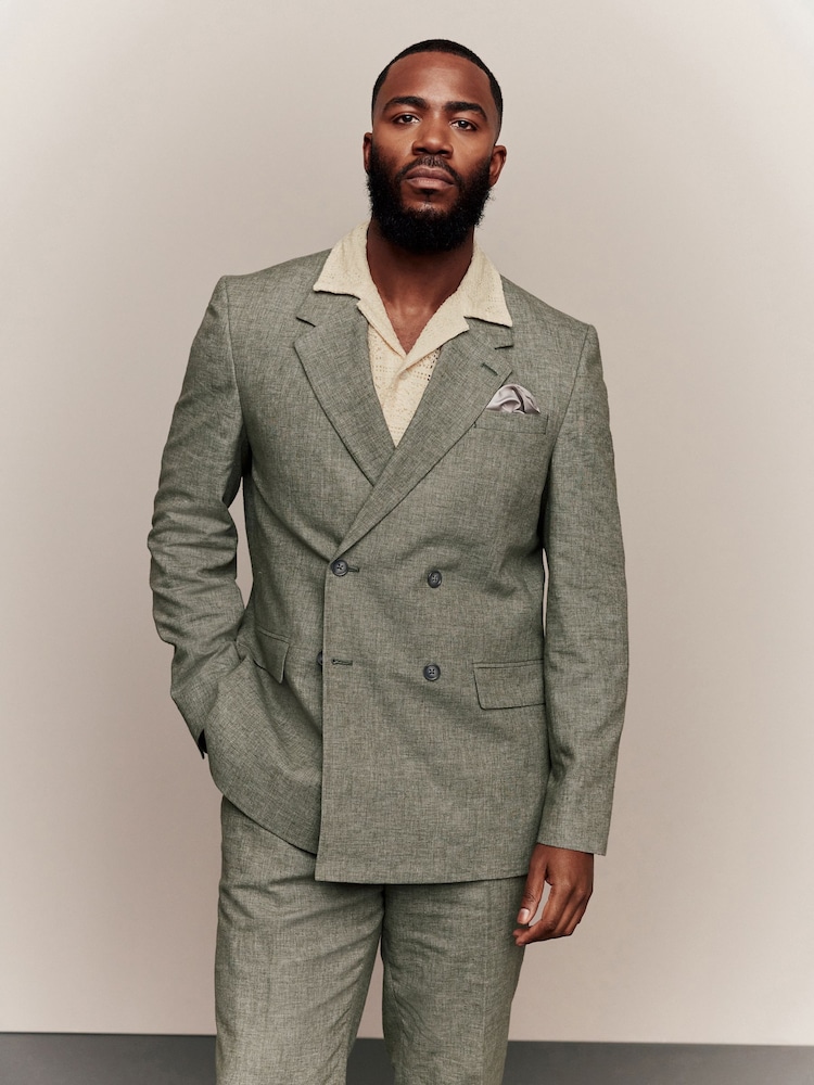 Vert - Veste de costume ajustée en lin texturé à double boutonnage - Image 1 of 1