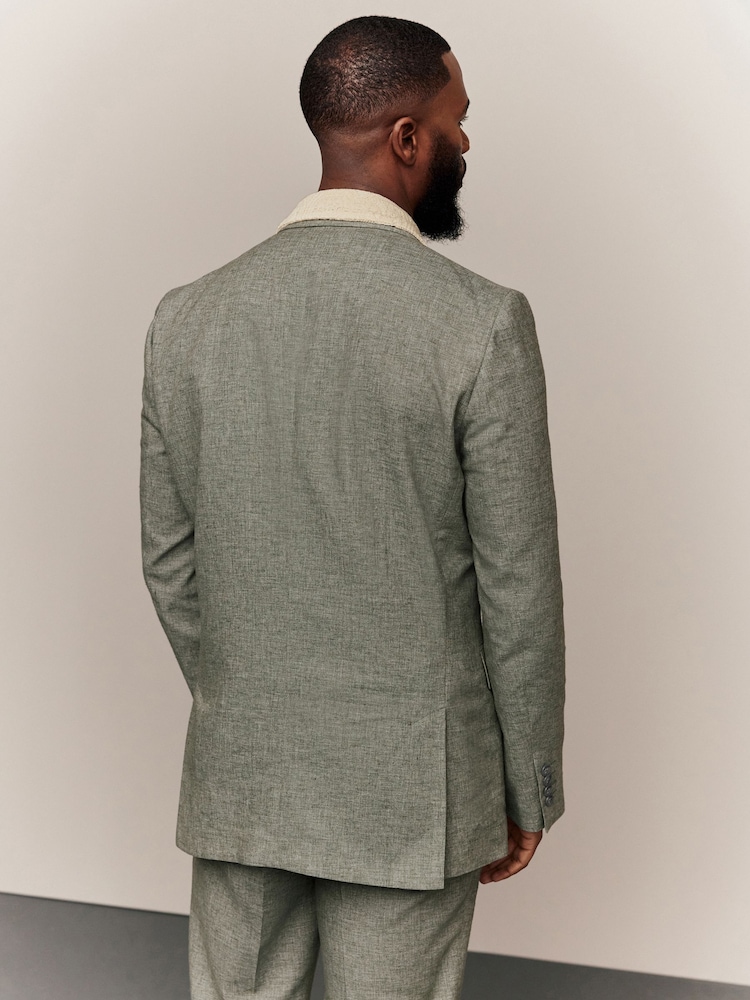 Vert - Tailored Fit Textured Linen Double Breasted Suit Jacket - Image 3 of 10