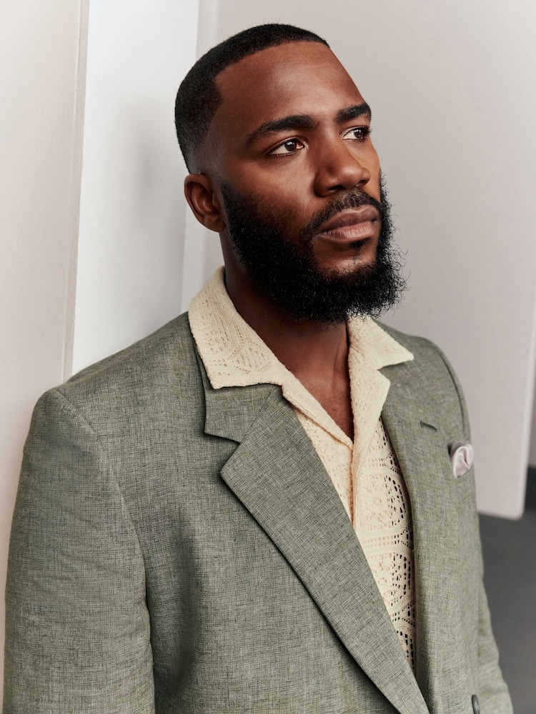 Vert - Tailored Fit Textured Linen Double Breasted Suit Jacket - Image 4 of 10