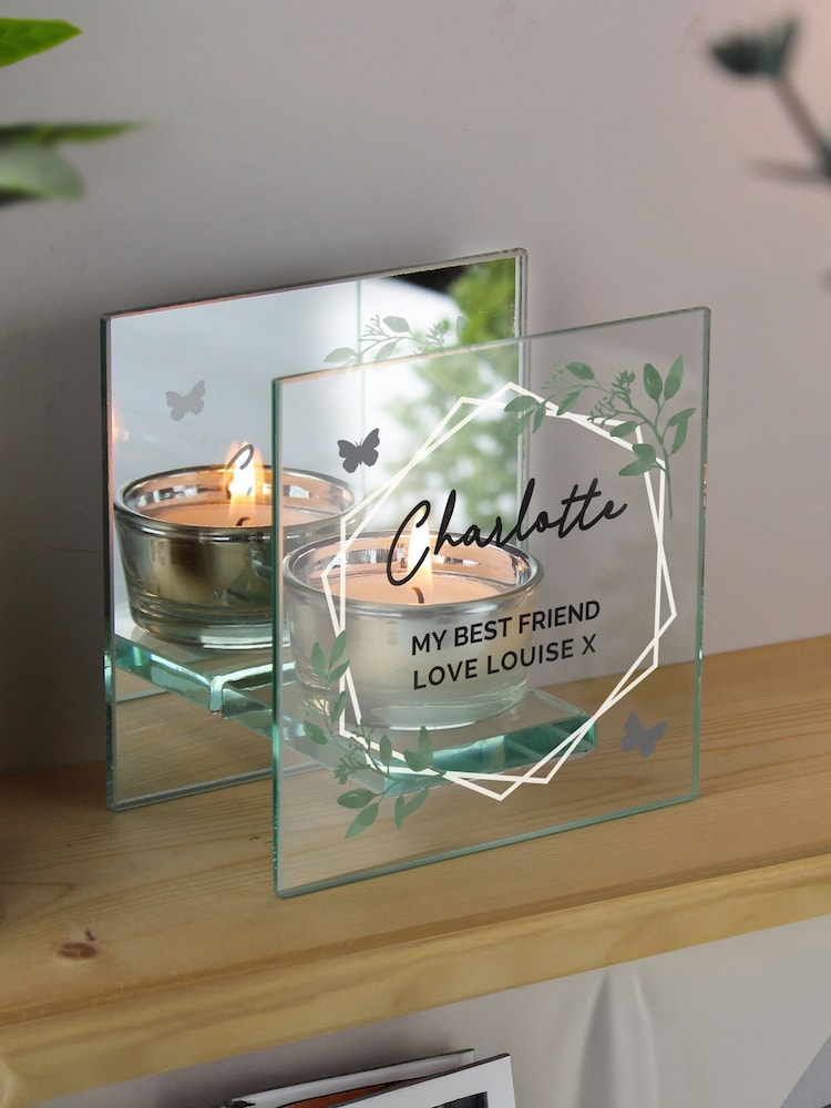 Personalised Mirrored Glass Tea Light Candle Holder by PMC - Image 1 of 3 Personalised Mirrored Glass Tea Light Candle Holder by PMC - Image 1 of 3