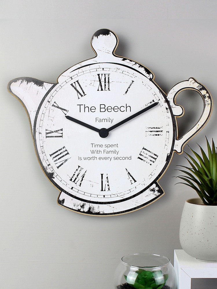 Personalised Teapot Shaped Wooden Clock by PMC - Image 1 of 3