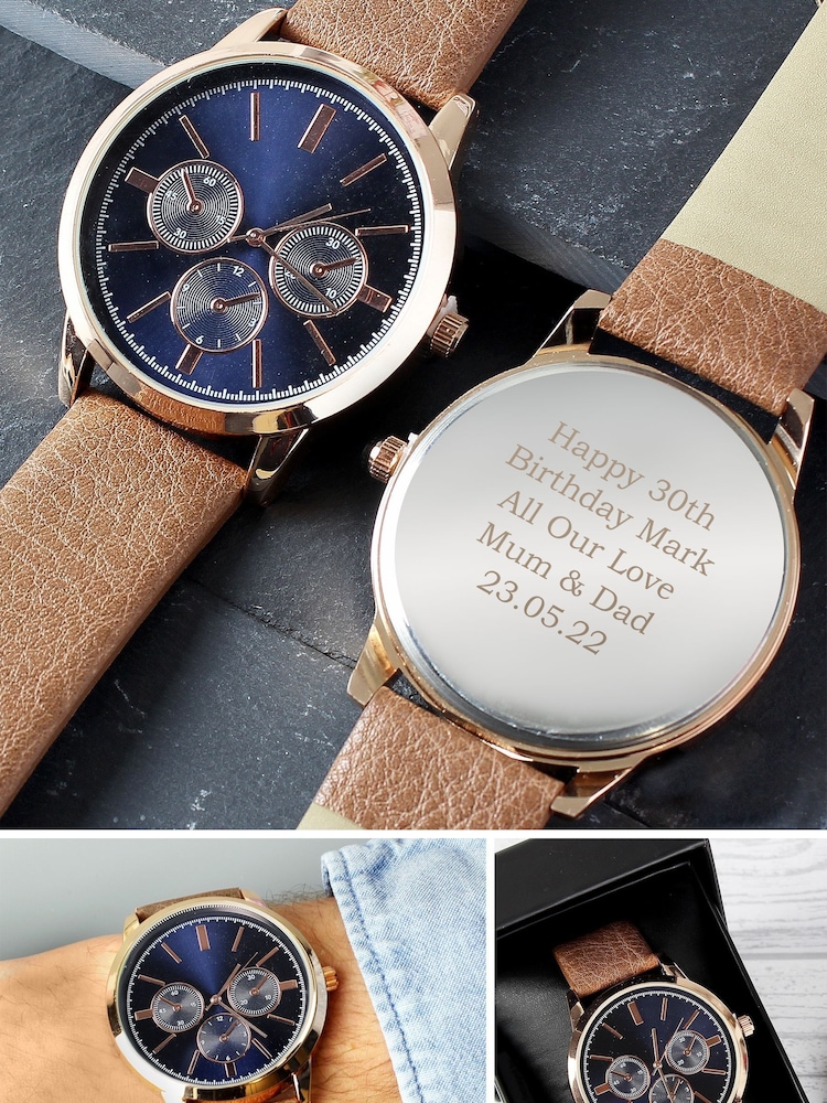 PMC Personalised Mens Rose Gold Watch with Brown Strap - Image 1 of 3