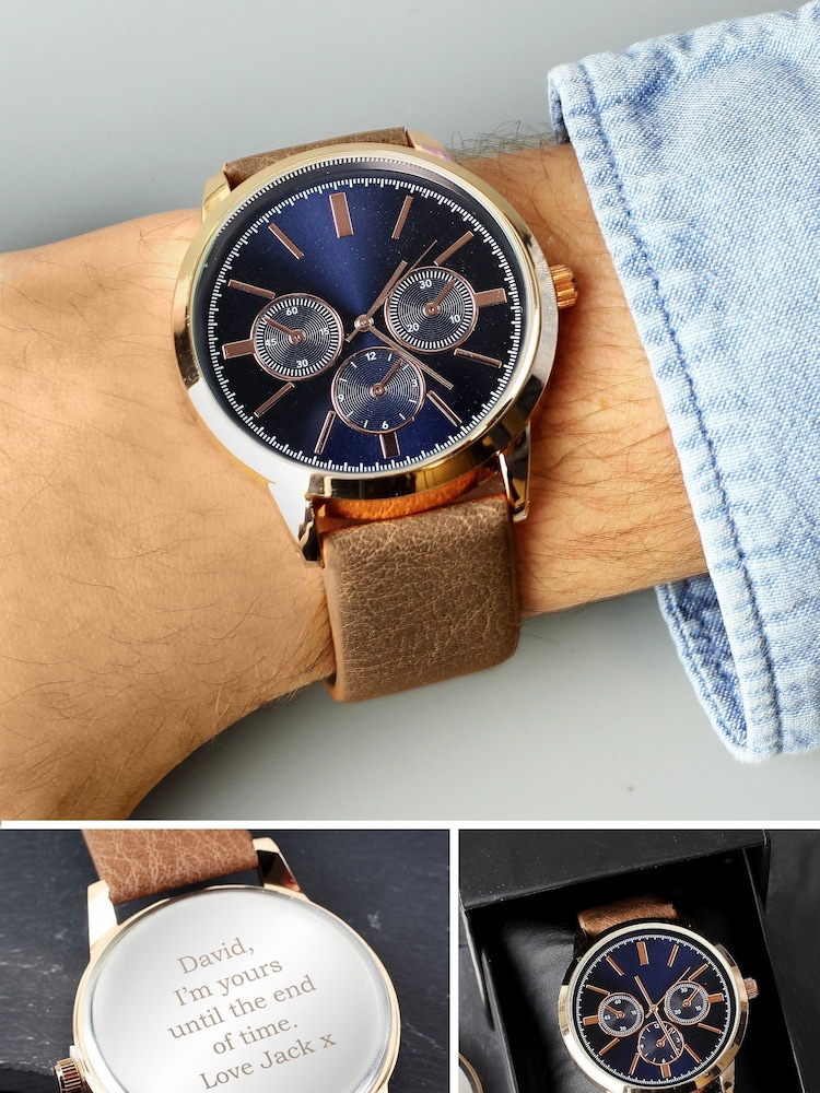 PMC Personalised Mens Rose Gold Watch with Brown Strap - Image 2 of 3