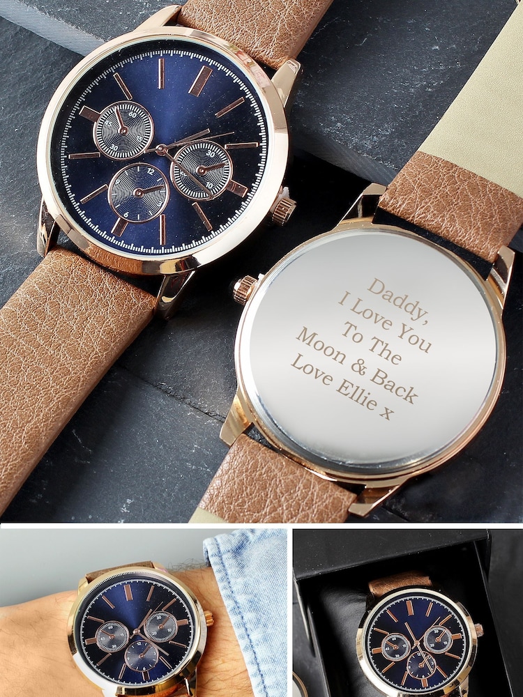 PMC Personalised Mens Rose Gold Watch with Brown Strap - Image 3 of 3