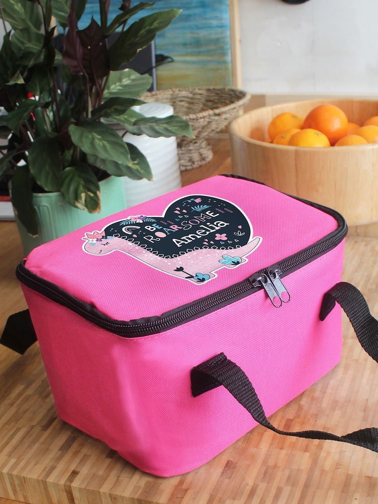 Pink Personalised Dinosaur Lunch Bag by PMC - Image 2 of 3