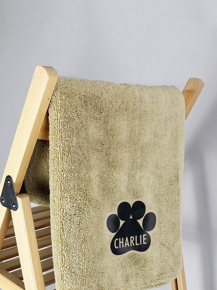 Personalised Paw Print Brown Microfiber Pet Towel by PMC - Image 1 of 2 Personalised Paw Print Brown Microfiber Pet Towel by PMC - Image 1 of 2