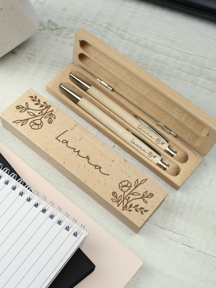 Personalised Floral Wooden Pen & Pencil Box Set by PMC - Image 1 of 3 Personalised Floral Wooden Pen & Pencil Box Set by PMC - Image 1 of 3