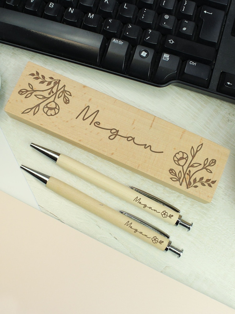 Personalised Floral Wooden Pen & Pencil Box Set by PMC - Image 3 of 3