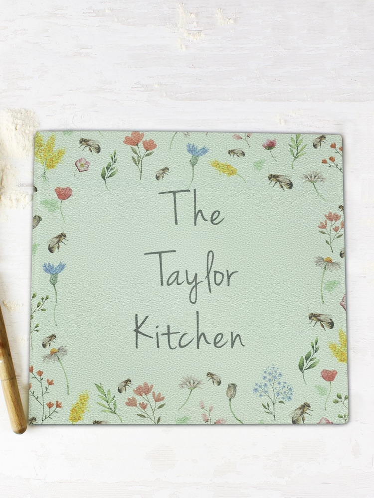 Personalised Floral Glass Worktop Saver Chopping Board by PMC - Image 2 of 3