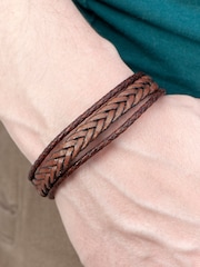 Treat Republic Mens Personalised Woven Layered Leather Brown Bracelet - Image 3 of 5