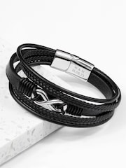 Treat Republic Mens Personalised Infinity Gunmetal Leather Stacked Black Bracelet - Image 1 of 5