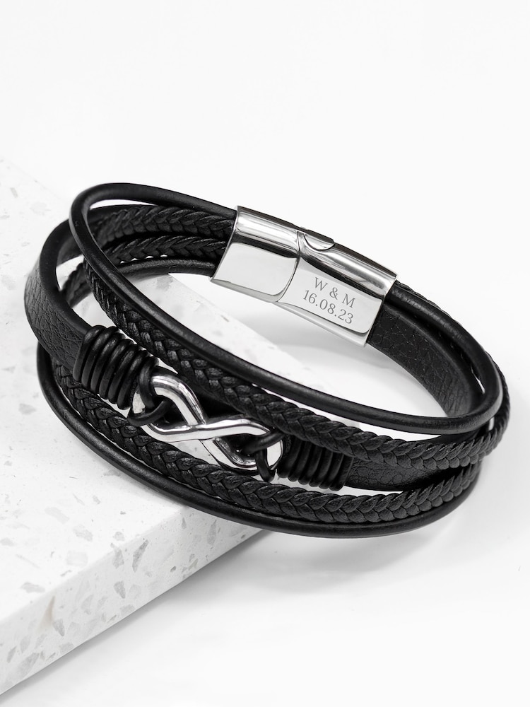Treat Republic Mens Personalised Infinity Gunmetal Leather Stacked Black Bracelet - Image 1 of 5