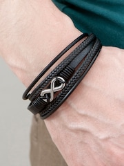 Treat Republic Mens Personalised Infinity Gunmetal Leather Stacked Black Bracelet - Image 2 of 5