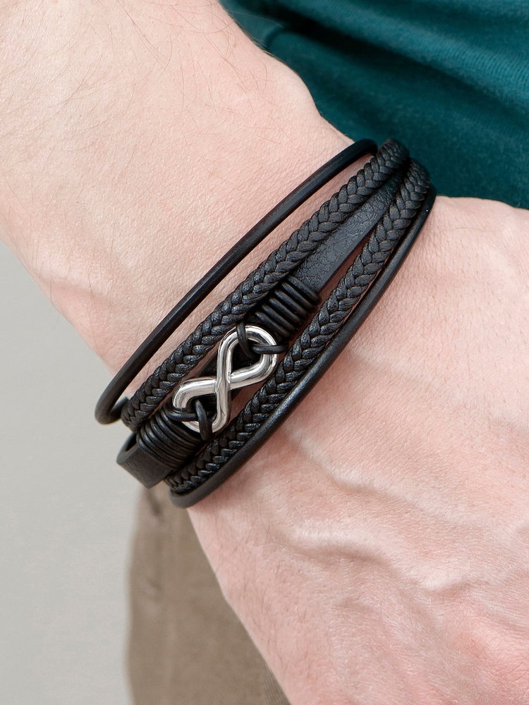 Treat Republic Mens Personalised Infinity Gunmetal Leather Stacked Black Bracelet - Image 2 of 5