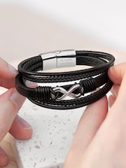 Treat Republic Mens Personalised Infinity Gunmetal Leather Stacked Black Bracelet - Image 3 of 5