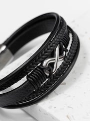 Treat Republic Mens Personalised Infinity Gunmetal Leather Stacked Black Bracelet - Image 4 of 5