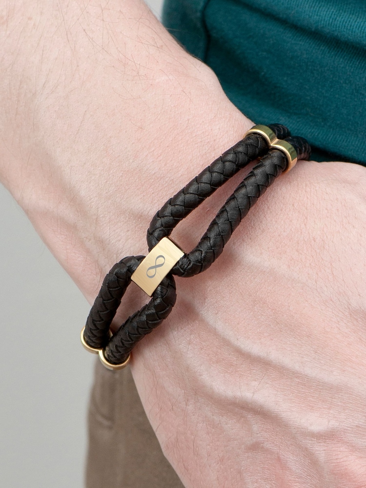 Treat Republic Mens Personalised Infinity Dual Leather Black Bracelet - Image 2 of 5