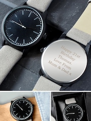 PMC Personalised Mens Matte Black Watch with Grey Strap and Presentation Box - Image 1 of 3