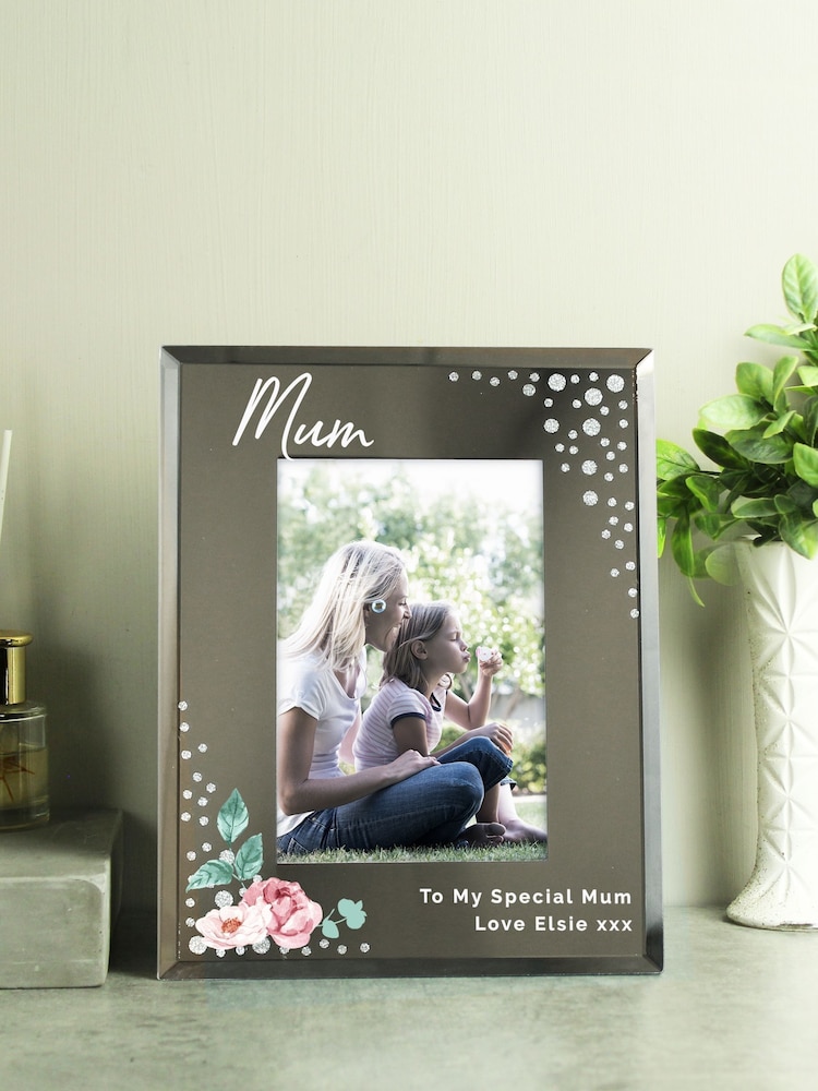 Grey Personalised Floral Mirrored 6x4 Photo Frame by PMC - Image 1 of 3