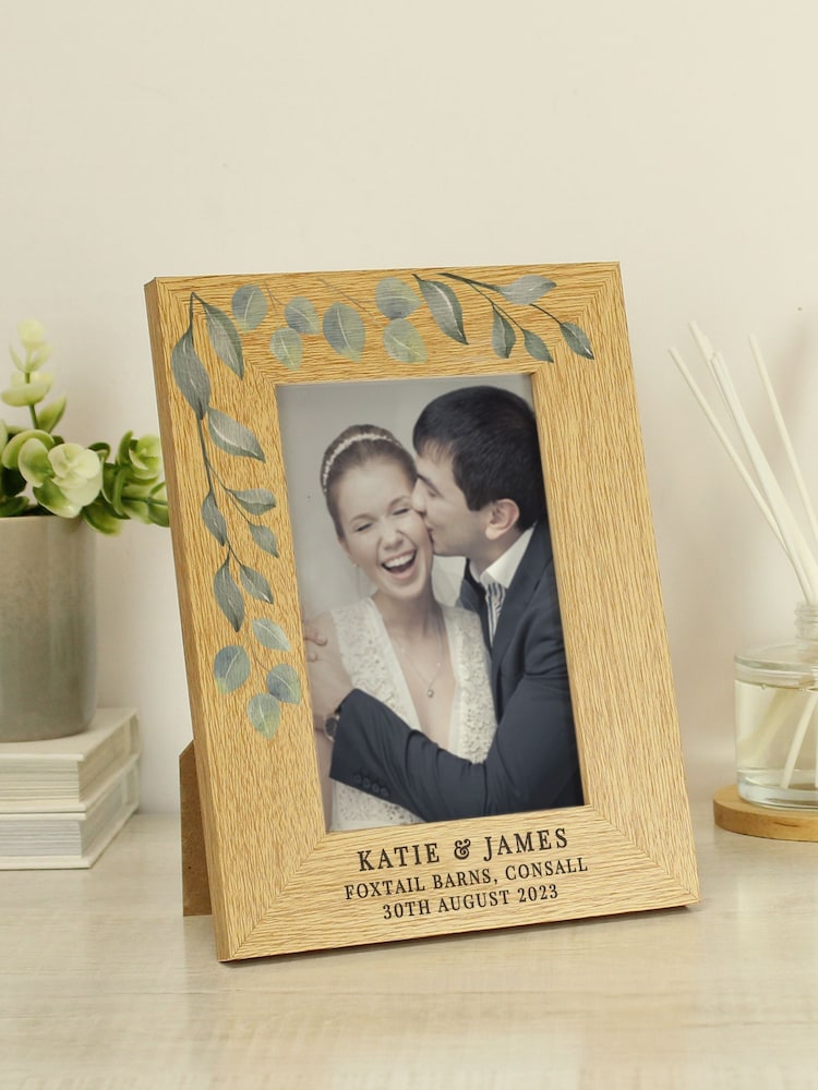Personalised Botanical Wedding 6x4 Wooden Brown Photo Frame by PMC - Image 1 of 3