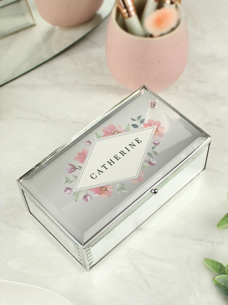 Natural Personalised Floral Mirrored Jewellery Box by PMC - Image 1 of 4 Natural Personalised Floral Mirrored Jewellery Box by PMC - Image 1 of 4