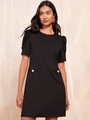 Friends Like These Black Short Puff Sleeve Mini Shift Dress - Image 1 of 4