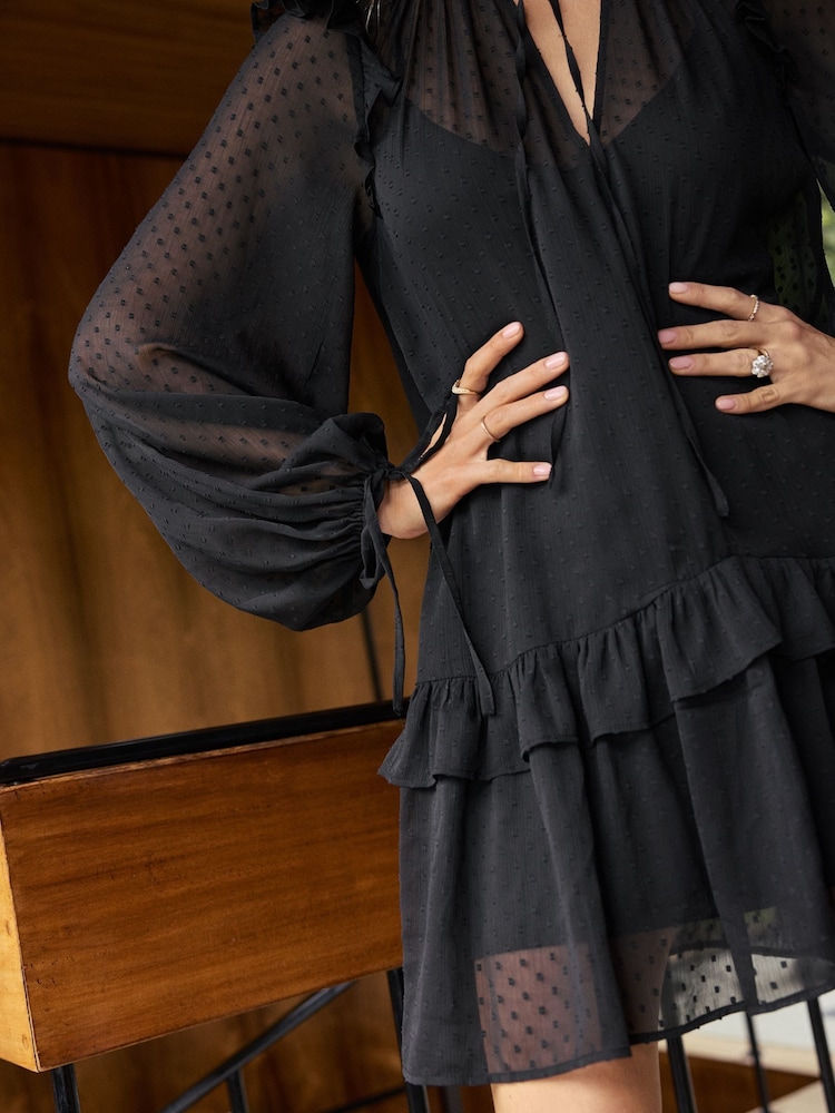 Friends Like These Black Long Sleeve Dobby Chiffon Mini Dress With Tie Neck - Image 2 of 4