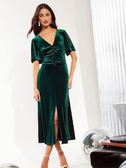 Friends Like These Green Petite Velvet Ruched Front Flutter Sleeve Midi Dress - Image 1 of 4