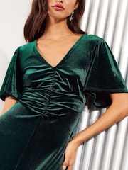 Friends Like These Green Petite Velvet Ruched Front Flutter Sleeve Midi Dress - Image 2 of 4