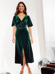Friends Like These Green Petite Velvet Ruched Front Flutter Sleeve Midi Dress - Image 3 of 4