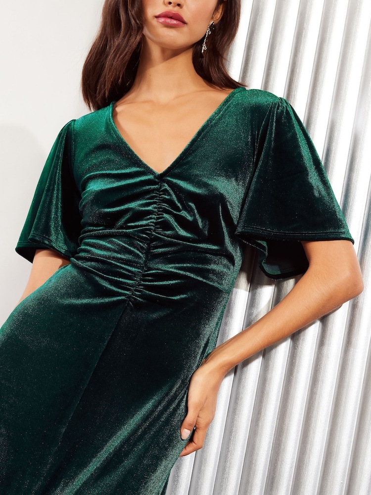 Friends Like These Green Velvet Ruched Front Flutter Sleeve Midi Dress - Image 2 of 4