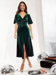 Friends Like These Green Velvet Ruched Front Flutter Sleeve Midi Dress - Image 3 of 4