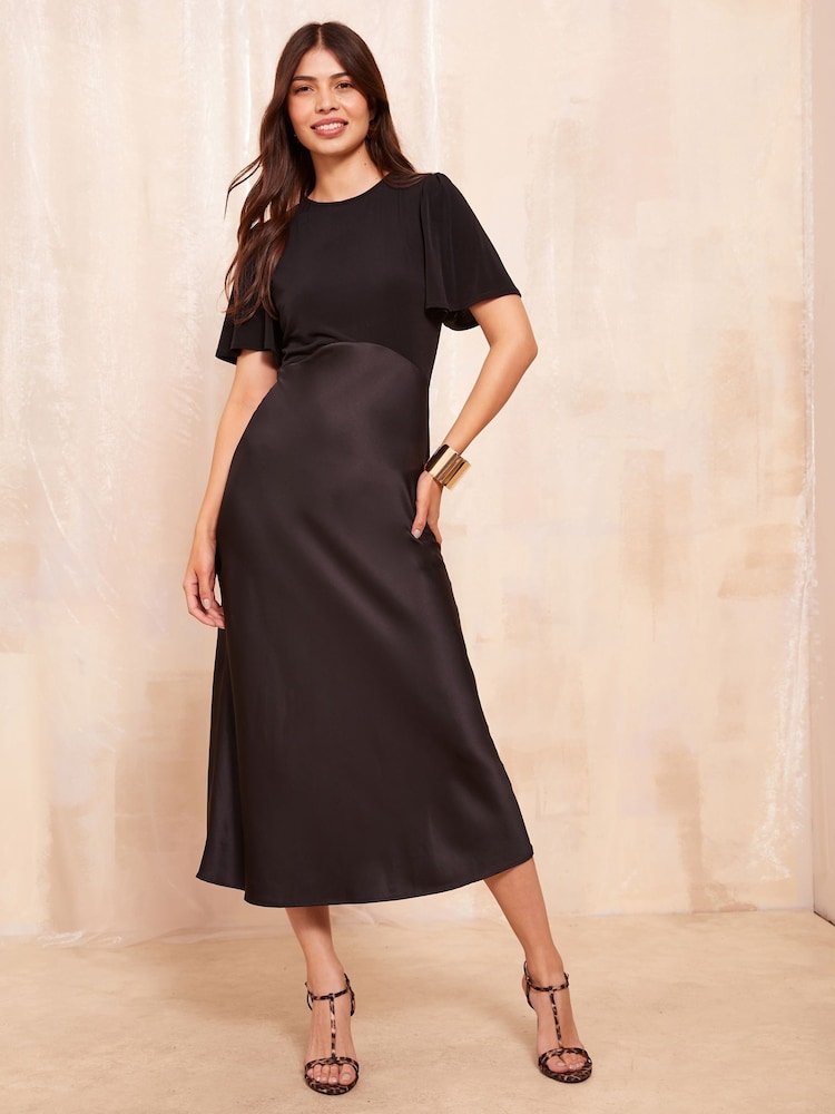 Friends Like These Black Flutter Sleeve Satin 2 In 1 Midi Dress - Image 1 of 4 Friends Like These Black Flutter Sleeve Satin 2 In 1 Midi Dress - Image 1 of 4