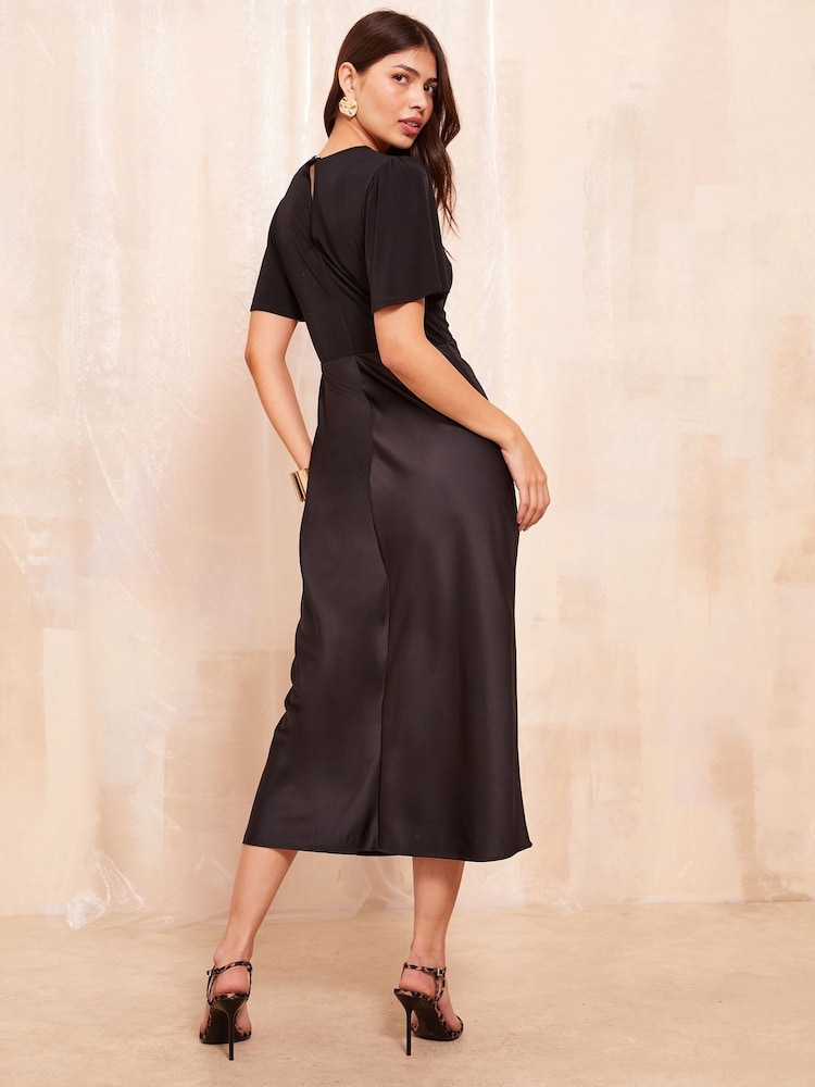 Friends Like These Black Flutter Sleeve Satin 2 In 1 Midi Dress - Image 4 of 4