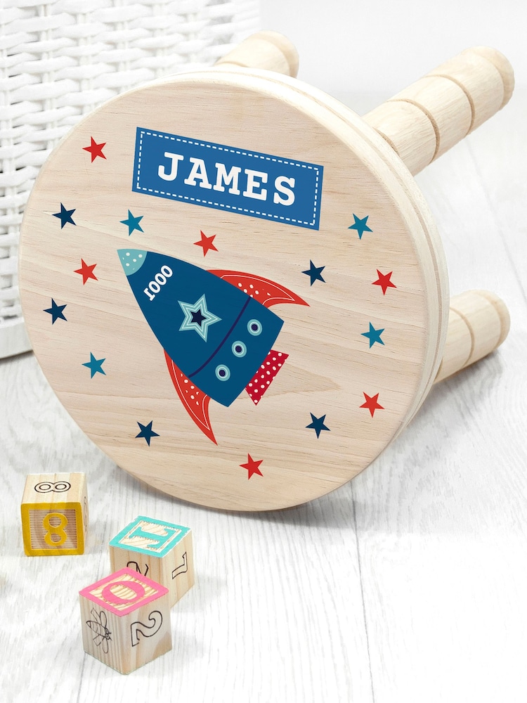 Personalised Kid’s Rocket Wooden Stool by Treat Republic - Image 1 of 5