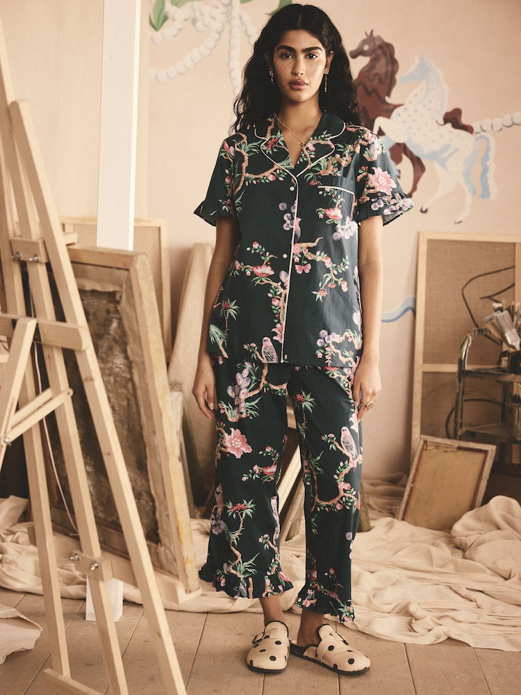 Cath Kidston Green Birds 100% Cotton Button Through Short Sleeve Pyjamas - Image 1 of 5