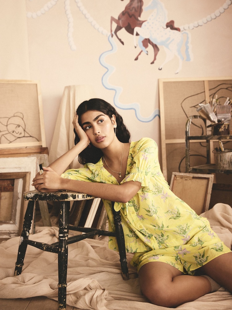 Cath Kidston Yellow Lily of the Valley 100% Cotton Frill Short Pyjamas - Image 1 of 10